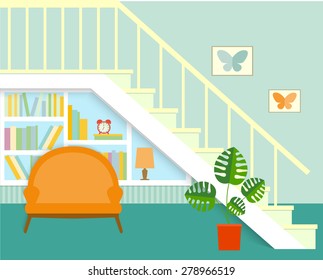 flat place to relax under the stairs.vector illustration