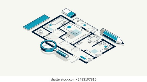 Flat plan drawing with pencil, floorplan residential house or apartment blueprint, 3D isometric vector illustration, interior design project top view.