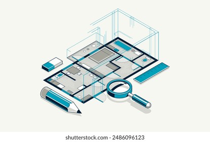 Flat plan drawing with pencil, floorplan residential house or apartment blueprint implementation, 3D isometric vector illustration, interior design project house construction embodiment.