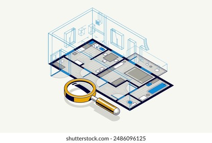 Flat plan drawing with pencil, floorplan residential house or apartment blueprint implementation, 3D isometric vector illustration, interior design project house construction embodiment.