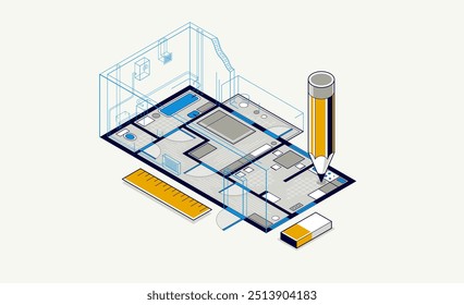 Dibujo de Plan plano con lápiz, implementación de planos de casas residenciales o planos de departamentos, Ilustración vectorial isométrica 3D, encarnación de construcción de casas de proyectos de diseño interior.