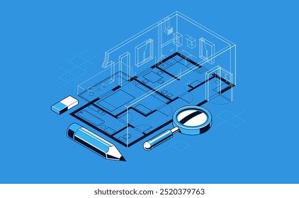 Desenho plano plano com lápis, plano de piso casa residencial ou implementação de projeto de apartamento, ilustração vetorial isométrica 3D, projeto de design de interiores casa de construção de incorporação.