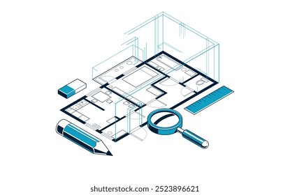 Desenho plano plano com lápis, plano de piso casa residencial ou implementação de projeto de apartamento, ilustração vetorial isométrica 3D, projeto de design de interiores casa de construção de incorporação.