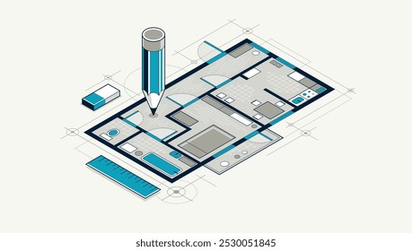 Flat plan drawing with pencil, floorplan residential house or apartment blueprint, 3D isometric vector illustration, interior design project top view.