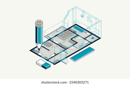 Desenho plano plano com lápis, plano de piso casa residencial ou implementação de projeto de apartamento, ilustração vetorial isométrica 3D, projeto de design de interiores casa de construção de incorporação.