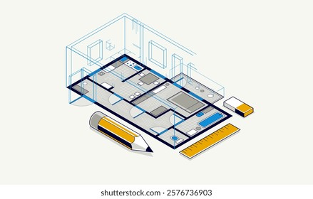 Flat plan drawing with pencil, floorplan residential house or apartment blueprint implementation, 3D isometric vector illustration, interior design project house construction embodiment.