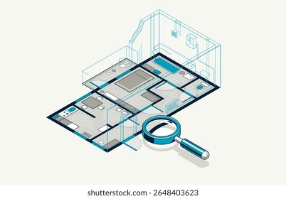 Flat plan drawing with pencil, floorplan residential house or apartment blueprint implementation, 3D isometric vector illustration, interior design project house construction embodiment.