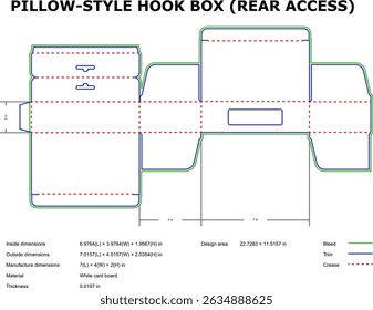 Flat plan template design of a pillow style hook box packaging with dimensions shown.