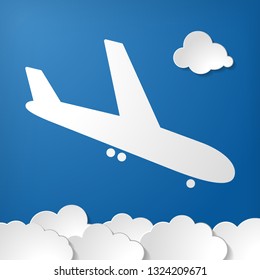 flat plane arrival icon and paper clouds on blue air background