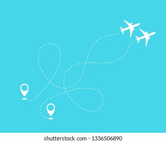 Flat plane and its track on blue background. Vector illustration 10 eps.