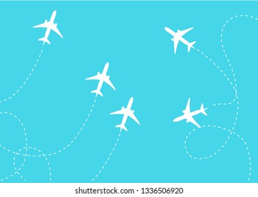 Flat plane and its track on blue background. Vector illustration 10 eps.