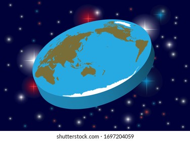 Flat planet Earth in space. Stars and nebula on a dark background of outer space. The continents of the earth are surrounded by oceans. Vector illustration