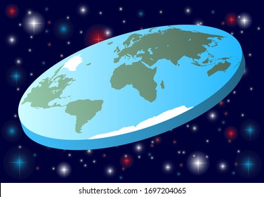 Flat planet Earth in space. Stars and nebula on a dark background of outer space. The continents of the earth are surrounded by oceans. Vector illustration