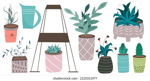 Flat plant pot for decoration design isolated on white background. Flower pots for the interior room. Jug and shelf for flowers. Various leaves and cacti. Flat scandinavian vector illustration.