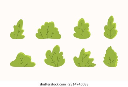 Flache Pflanzen oder Bushes Vektorset einzeln. Modernes, minimalistisches und einfaches Design. Hellgrüner Sommer, Frühlingsfarben. Cartoon-Stil. Vektorgrafik.