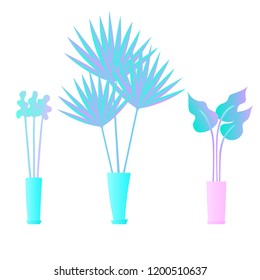 Flat plants set. Indoor plants. Flower pots. Leaves. Foliage. Isometric. Trendy vector collection. Plants collection isolated on white. Flat design. Gradient colors. Outdoor. Tropical.