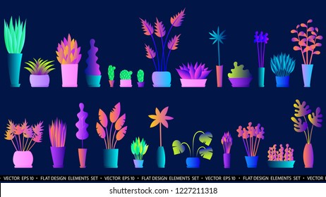 Flat plants set. Indoor plants. Flower pots. Leaves. Foliage. Trendy vector collection. Plants collection. Flat design. Gradient colors. Bright. Outdoor. Tropical.