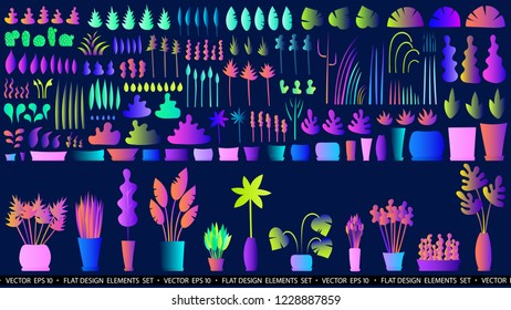 Flat plants set. Indoor plants. Flower pots. Leaves. Foliage. Trendy vector collection. Plants collection. Jungle. Flora. Modern interior. Home. Room. Flat design. Gradient colors. Outdoor. Tropical.