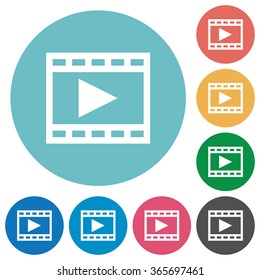 Flat play movie icon set on round color background.