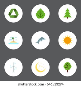Flat Playful Fish, Night, Isle Beach And Other Vector Elements. Set Of Eco Flat Symbols Also Includes Recycle, Power, Conservation Objects.