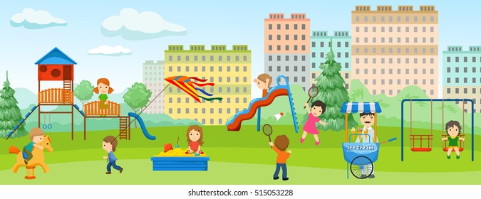 Flat playground colored concept with playing kids entertainment place and green place around vector illustration