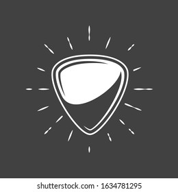 Flat plectrum is depicted on a background of firework isolated on a black background. Design element for music logos, labels, emblems. Vector illustration