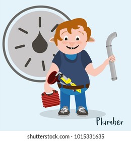 Flat plumber cartoon with a cute handyman holding a pipe. Case, whench and other tools included. Water drop symbol on the background