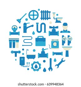 Flat plumbing illustration. Vector circular blue plumbing repair symbol on white background