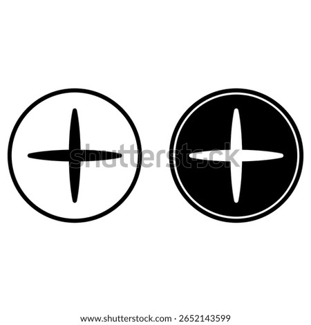 Flat plus cross icon set in circle outline and solid styles, vector EPS 10 format. Ideal for UI actions like add, create, or expand; also used in medical, target, or design positioning interfaces.