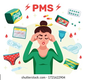 Flat pms woman concept with menstruation tools and woman with a headache vector illustration