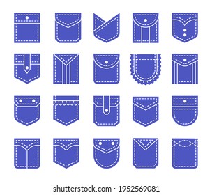 Flat pockets with flap and button closure. Different shapes of shirt and jean patch pockets. Casual garment. Icon set. Vector illustration. Isolated objects on white background