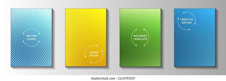 Flat point perforated halftone title page templates vector set. Geometric journal faded halftone patterns. Retro comics style front page layouts. Overlay spots grid
