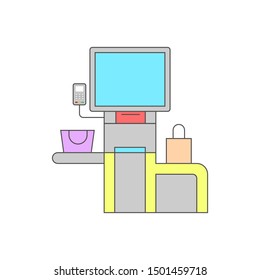 flat point with self-service checkout. Modern equipment payment for purchases in supermarkets, concept of shop without cashier. Minimalistic sign isolated on white background