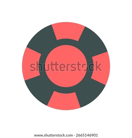 Flat poker casino chip in minimal style. Simple red and black poker game element. Boardgame and table counter for tournament or money games, isolated graphic icon.