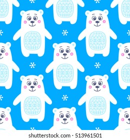 Flat polar bears. Vector seamless pattern with hand drawn white bears and snowflakes. Cute animal with decor in tummy. Childish background. On blue backdrop.