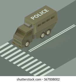 Flat police car vector illustration. 3d isometry municipal profession, law and order concept.