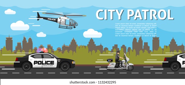 Flat police city patrol template with helicopter cars and policeman riding motorcycle on road vector illustration