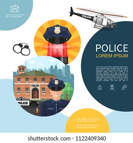 Flat police composition with hat on emergency siren helicopter policeman and police station building vector illustration