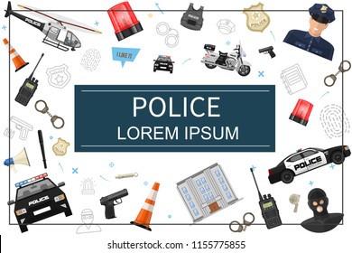 Flat police elements template with policeman helicopter sheriff badge helmet handcuffs handgun criminal siren transport baton megaphone in frame vector illustration