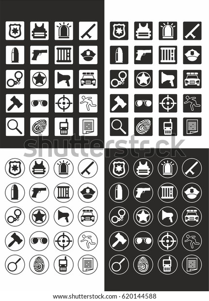 Flat police and\
justice icons set in monochrome style in different variations\
isolated vector\
illustration