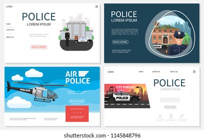 Flat police websites collection with navigation menu policeman helicopter cars and police station building vector illustration