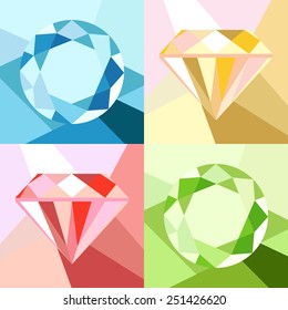 Flat polygon icons set with gemstones. Diamond, ruby, emerald and sapphire. 