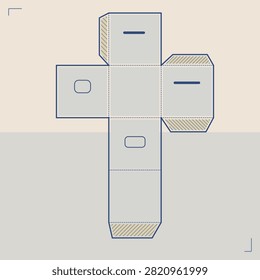 Flat polyhedron net template drawn only as line types that a maker can act on: solid cut lines on the outline, dashed glue tab runs on every shared edge, hatched glue tabs, slots and punched tabs, laid out as a box template in navy cream colors with no lettering and no assembled view, ready to print, cut and fold.