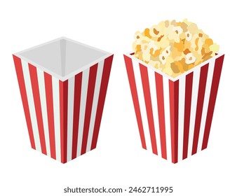 Flat popcorn box empty and full with popcorn. Popcorn is a staple snack for movie watching. Isolated on a white background. Vector image	