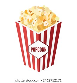 A flat popcorn box with a title. Popcorn is a staple snack for watching movies. Isolated on a white background. Vector image