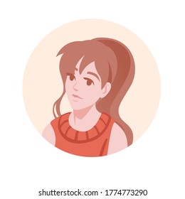 Flat portrait avatar icon for social platforms with young woman on beige circle vector illustration on white background