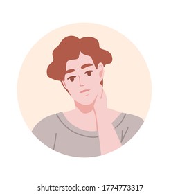 Icono de avatar de retrato plano para plataformas sociales con un joven en la ilustración de vector de círculo beige sobre fondo blanco