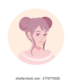 Flat portrait avatar icon for social platforms with young woman on beige circle vector illustration on white background