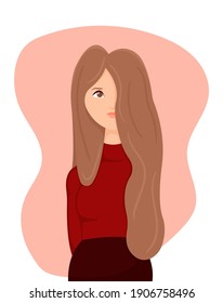 Flat portrait of a beautiful cute girl. Woman with long light brown hair in a red warm sweater and dark skirt. The young girl looks wide ahead. Sincere big eyes. Vector bright illustration of human.