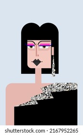 Flat portrait of queer person with bright makeup in evening attire. Dress with an asymmetrical zigzag neckline with glitter effect. Vector cartoon character of Drag Queen. Fashion concept.